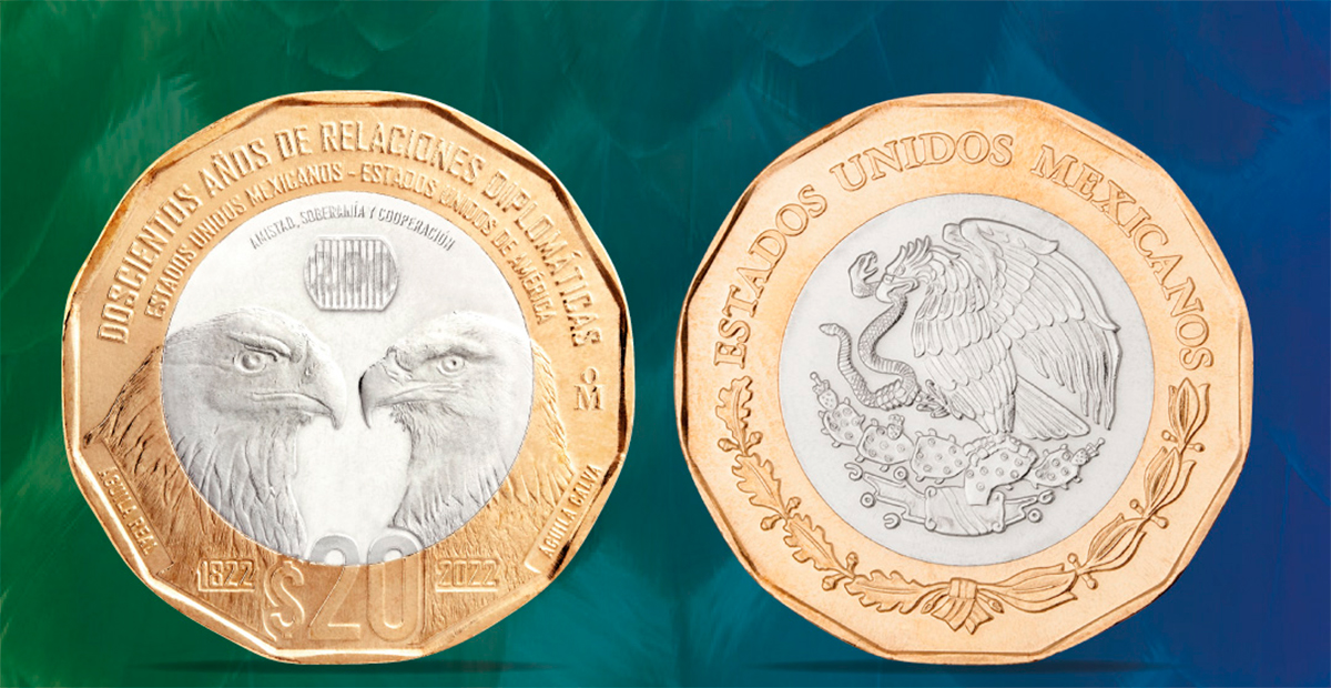 Presentan moneda de 20 pesos en México para conmemorar 200 años de relaciones diplomáticas con Estados Unidos