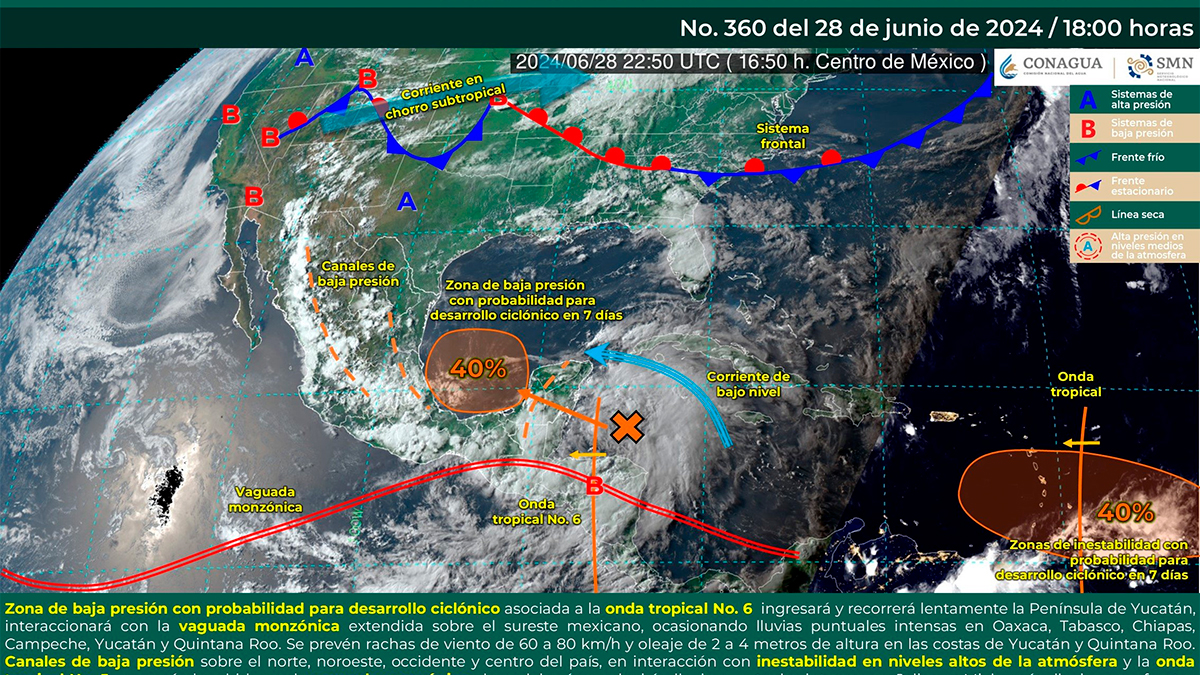 Conagua anuncia formación de depresión tropical en el Atlántico y pronostica fuertes lluvias para el Sur y Sureste de México